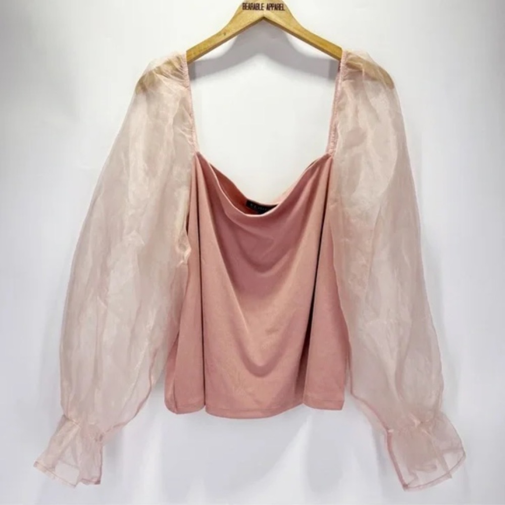 Eloquii 26/28 Pink Organza Sheer Long Sleeve Square Neck Top Puff Dusty Rose